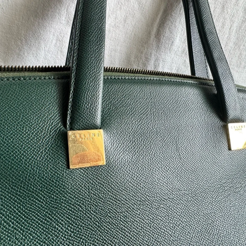 Vintage Celine Logo Plate Leather Tote Green Gold Hardware Authentic